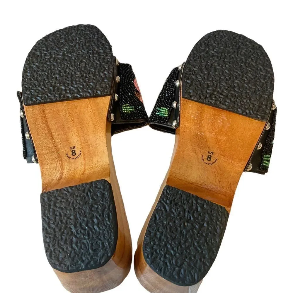 Miz Tanice Beaded & Painted Pink Flamingo Wood Slides in ladies Sz 8.